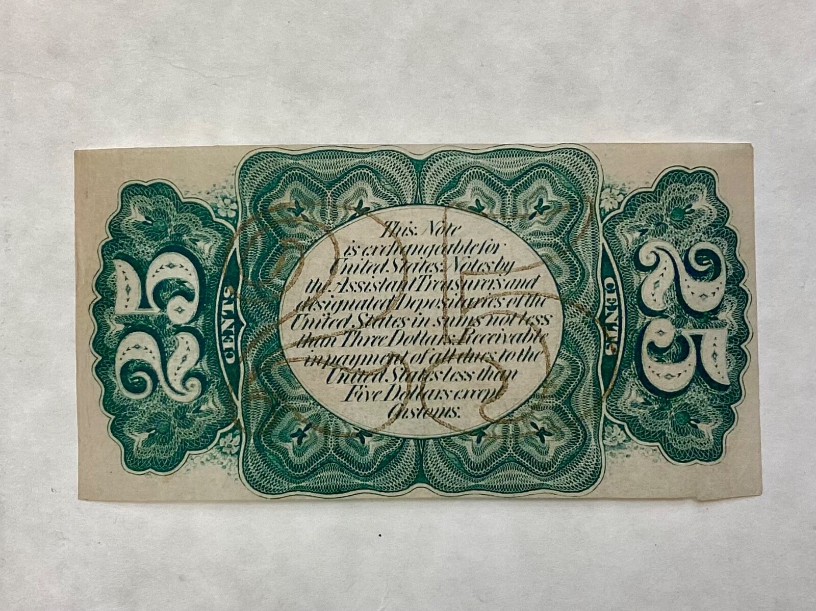 ~US FRACTIONAL CURRENCY SPECIMEN 25 CENTS - THIRD ISSUE FR 1294 SP REVERSE