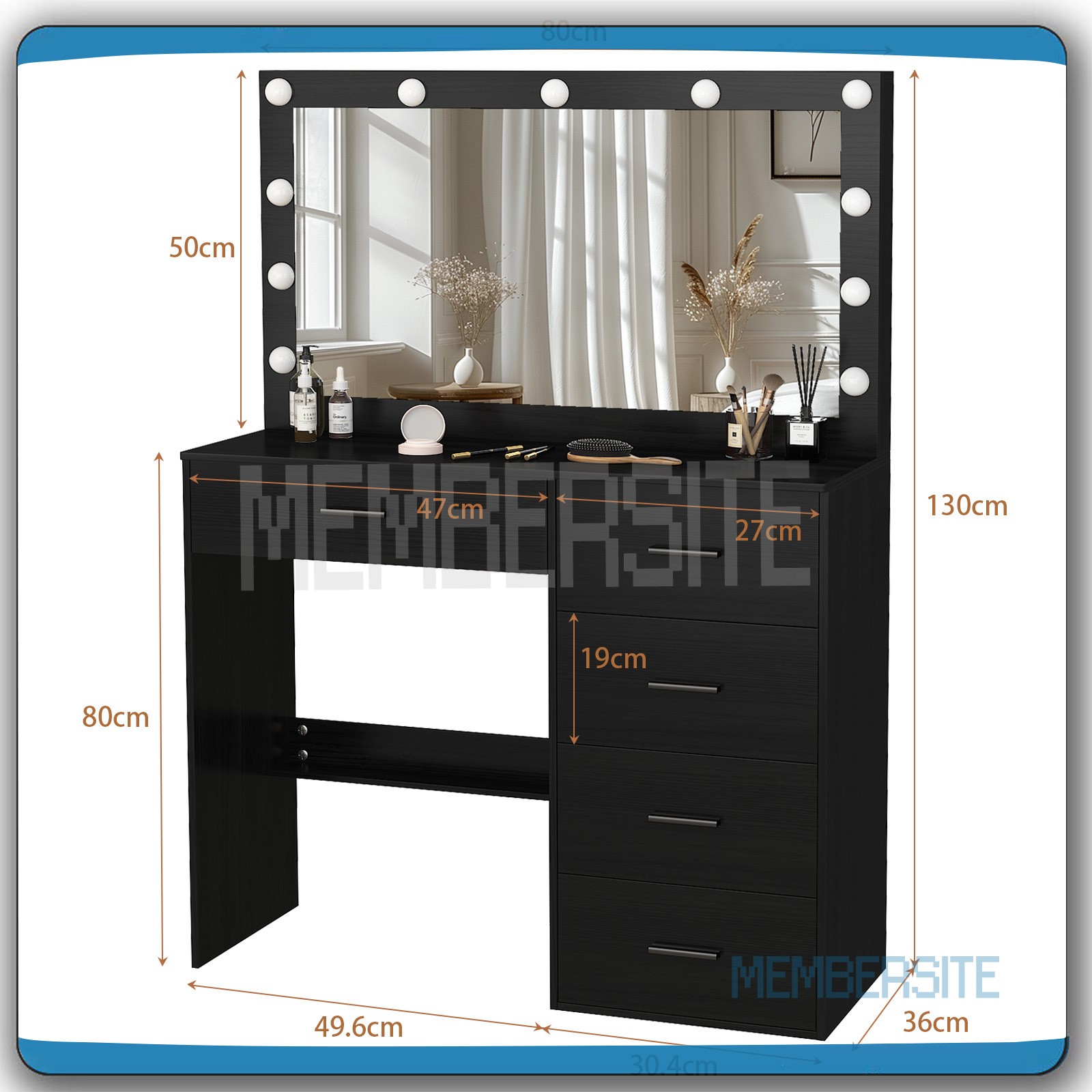 Black Vanity Desk With Large Lighted Mirror 5 Drawers Makeup Dressing Desk Set