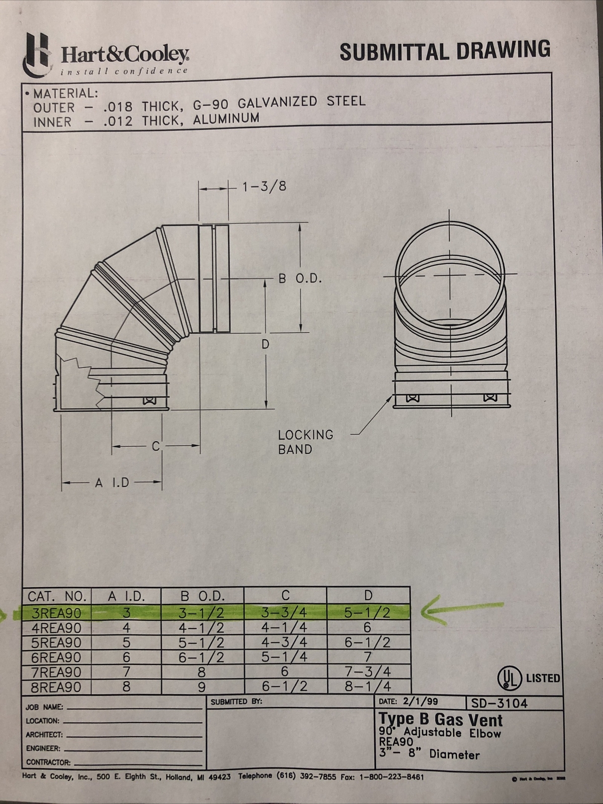 Lot of 2 Hart & Cooley Metlvent Gas Vent Pipe 3" 0-90° Adjust Elbow P/N: 3REA90
