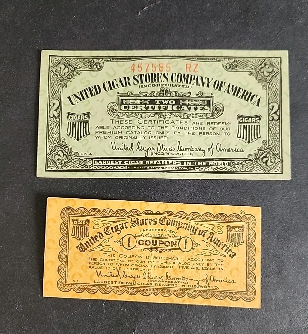 Rjkstamps Lot of 2 United Cigar Stores Company  Coupons  Certificate 1 & 2