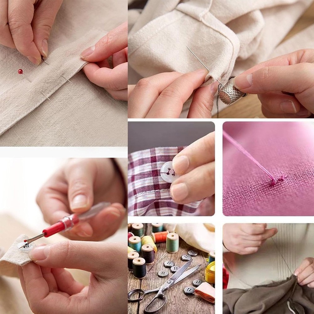 Complete Sewing Kits+Embroidery Stitch Guide Book Needles Scissors Buttons Pins
