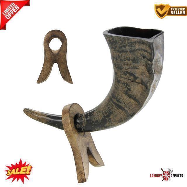 Viking Drinking Horns Rack/Stand Medieval Handmade Horn Rack Natural Mango Wood