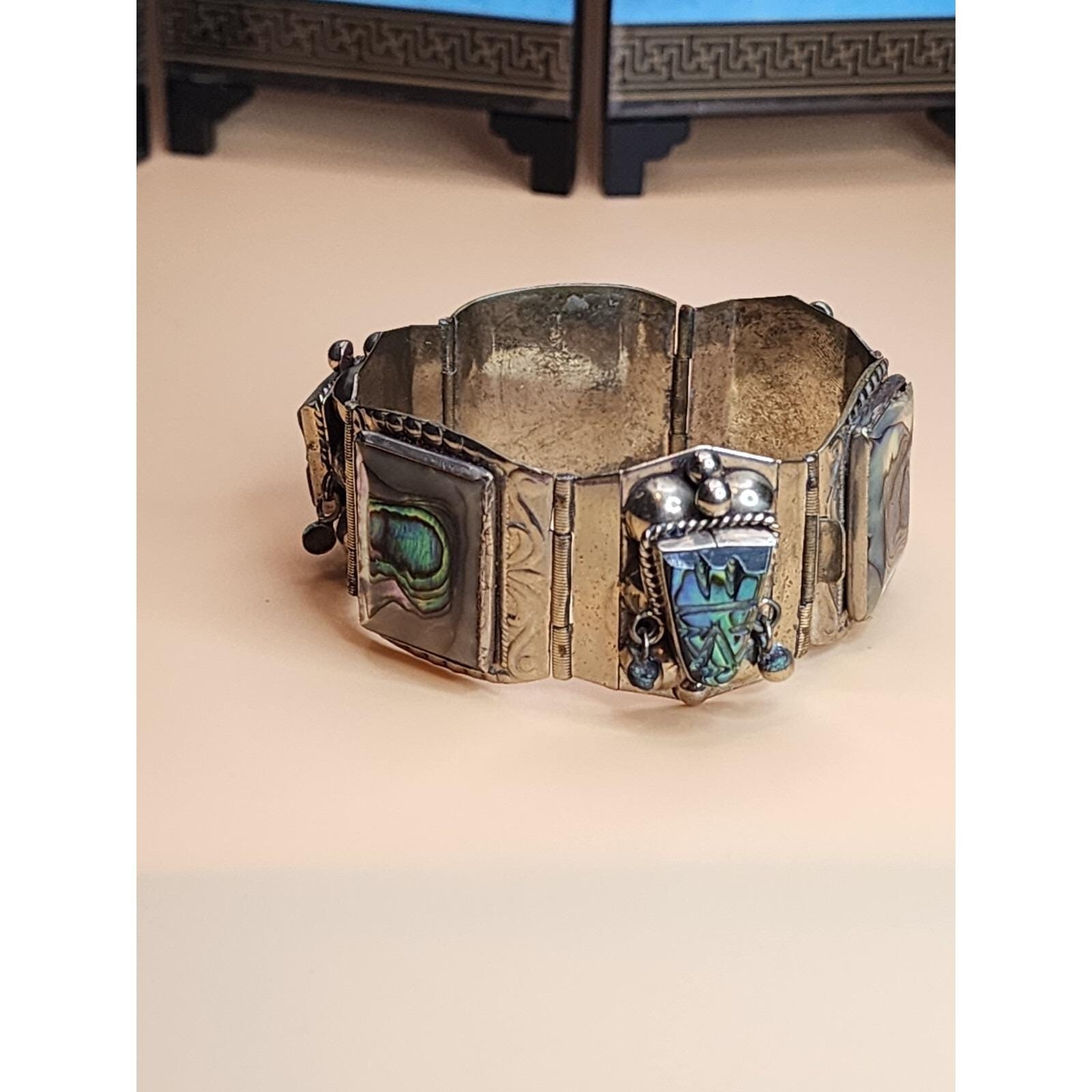 70 Yr Old TAXCO MEXICO Sterling Silver Abolone Bracelet & Earrings Set 61.66 Gr.