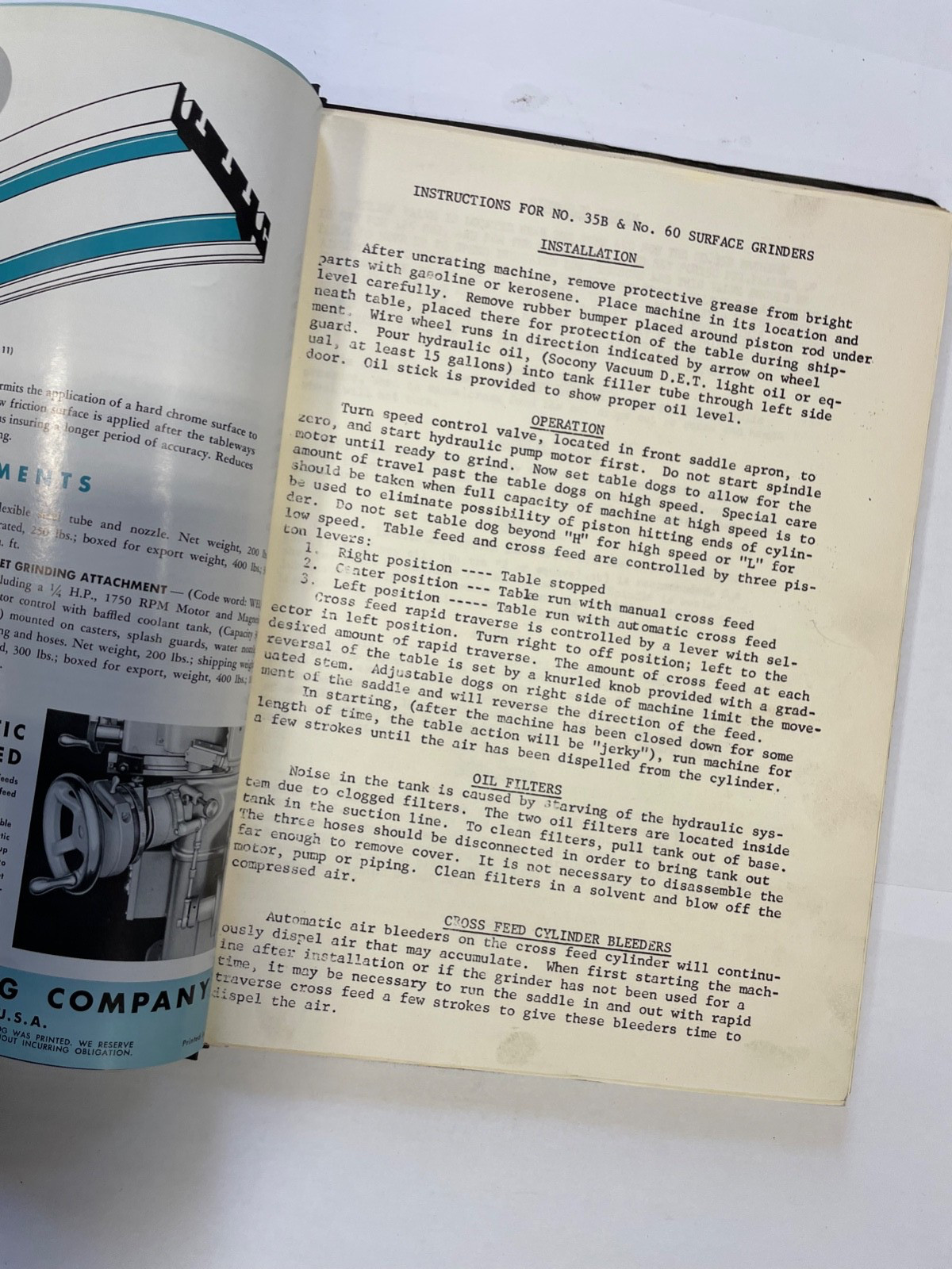 Covel 35B Hydraulic Surface Grinder Parts Manual with Fold Out Drawings