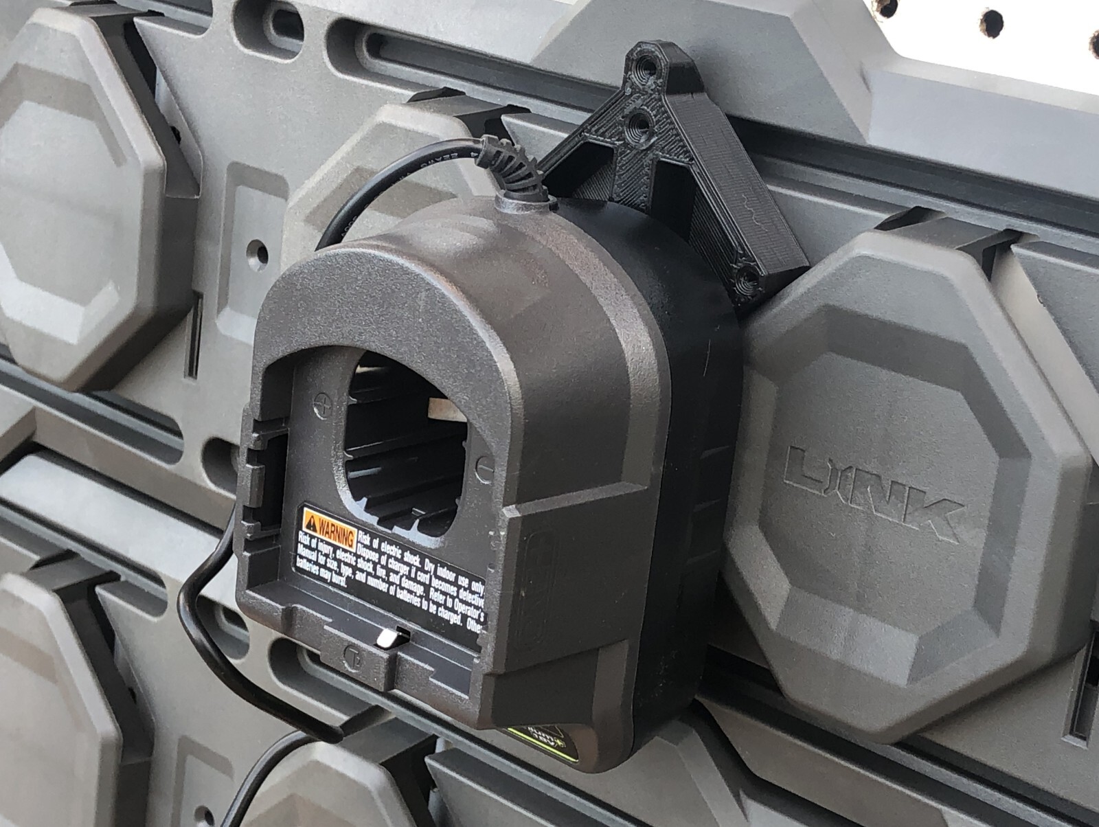 Small Ryobi Charger Holder for Ryobi Link Wall Rail garage organizer w/wire clip