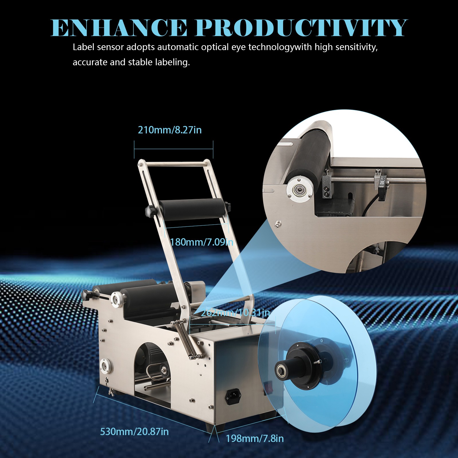 Semi-Automatic Round Bottle Labeling Machine, φ0.6-4.7" Adjustable Labeler