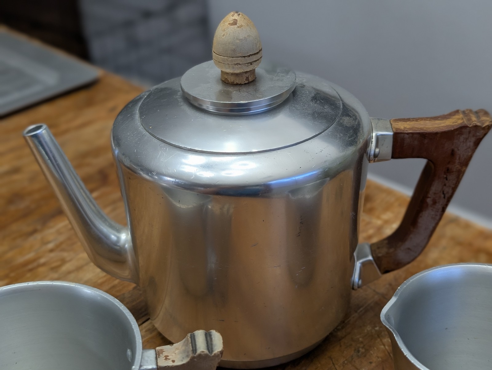 Vintage Aluminum Art Deco Wood Handles MCM Kensington Tea Coffee Set