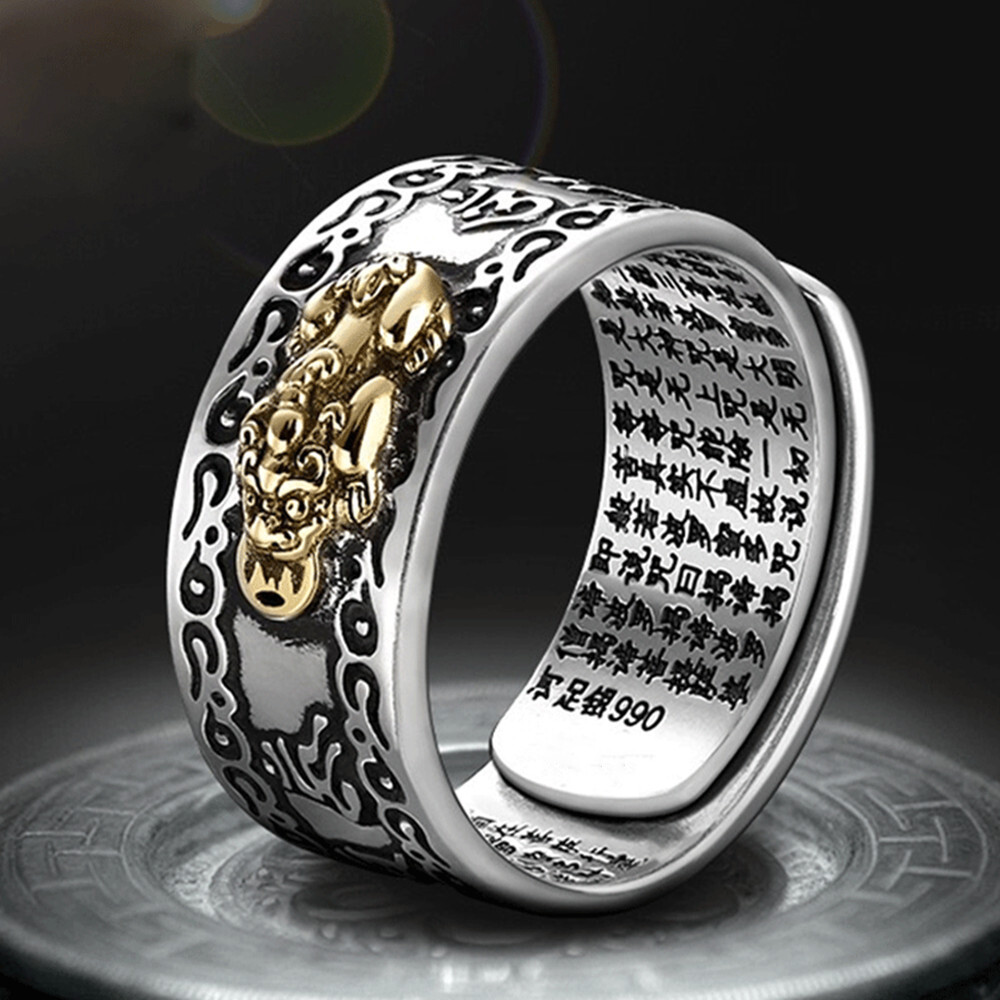 Feng Shui Pixiu Adjustable Ring Buddhist Mantra Attract Wealth Lucky Ring Charm