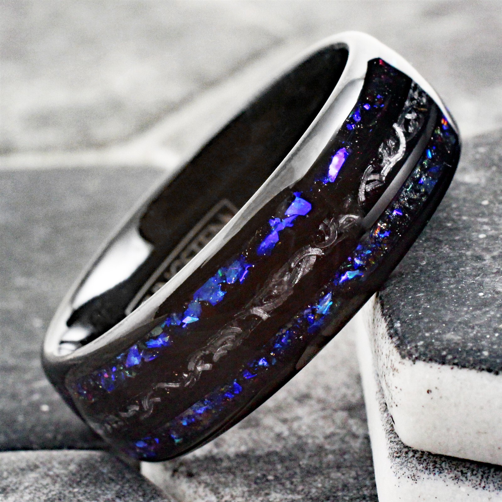 Black Tungsten Carbide Ring Blue Sandstone & Meteorite Space Galaxy Wedding Band