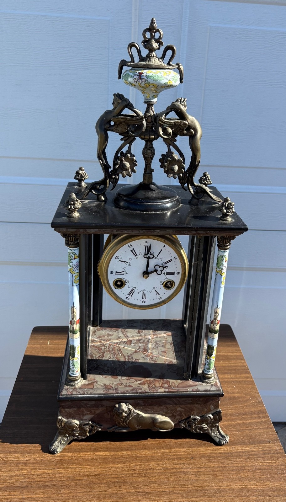 French Clock Bronze Cherubs Lion 1880's **Read**