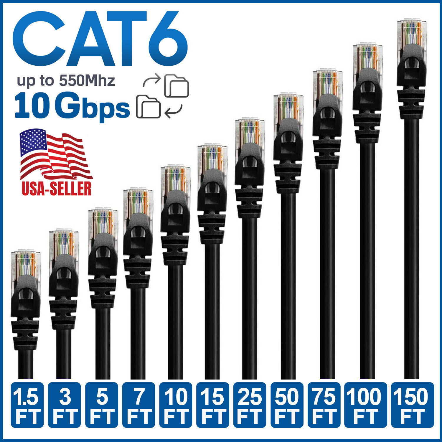 CAT6 CAT 6 Ethernet Cable Lan Network RJ45 Internet Router Black Patch Cord LOT