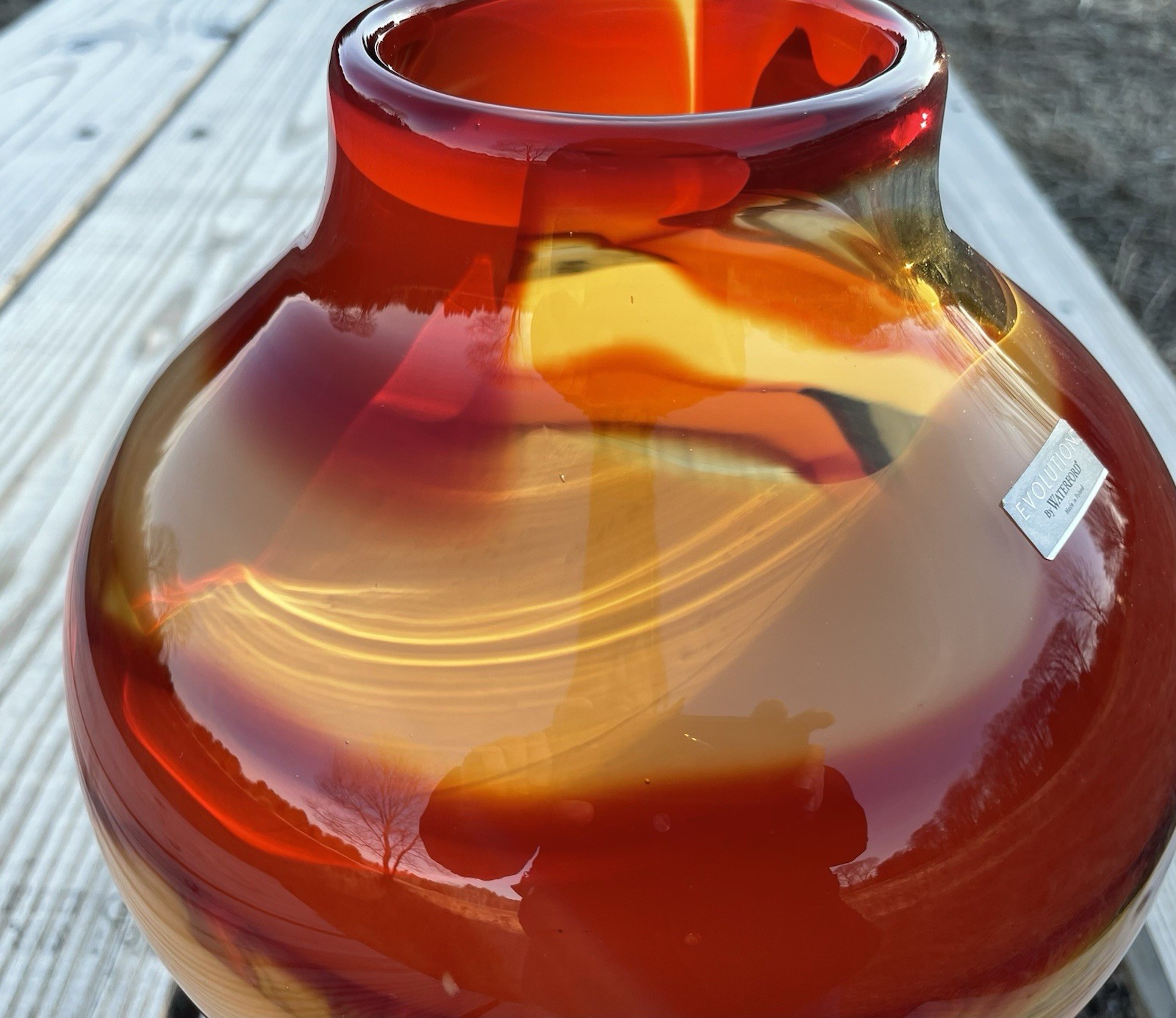 Waterford Evolution “Red Sea” Crystal Amphora Art Glass Vase, swirl design