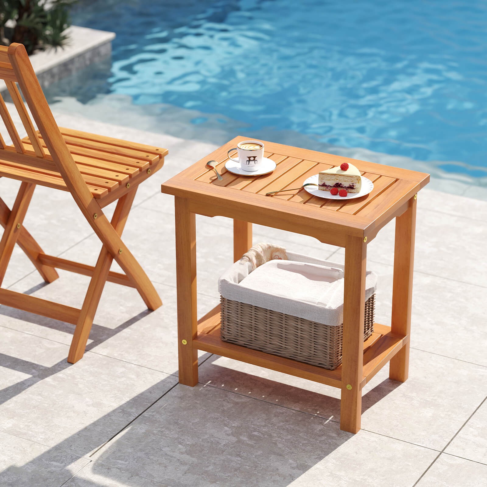 Outdoor Acacia Wood Side Table 2-Tier Patio End Table with Slatted Tabletop