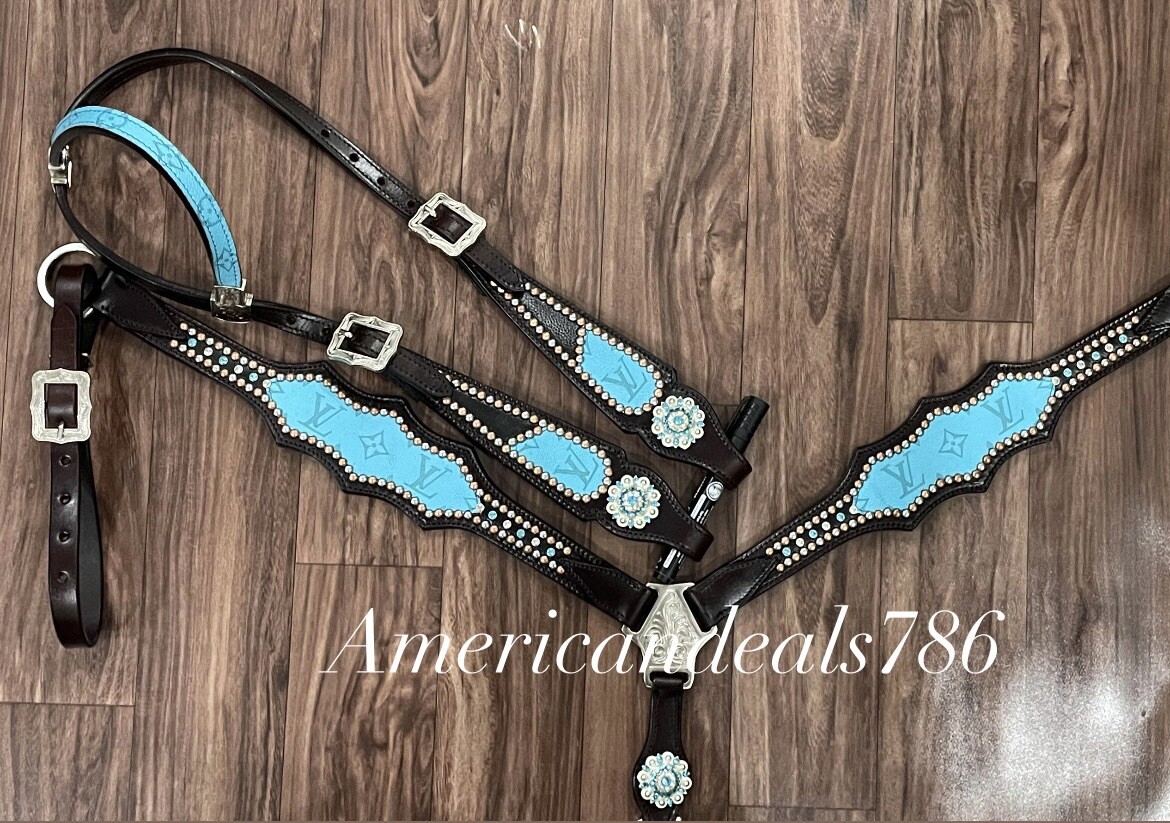 Western Brown Leather Bling Tack Set With Turquoise Overlay Leather