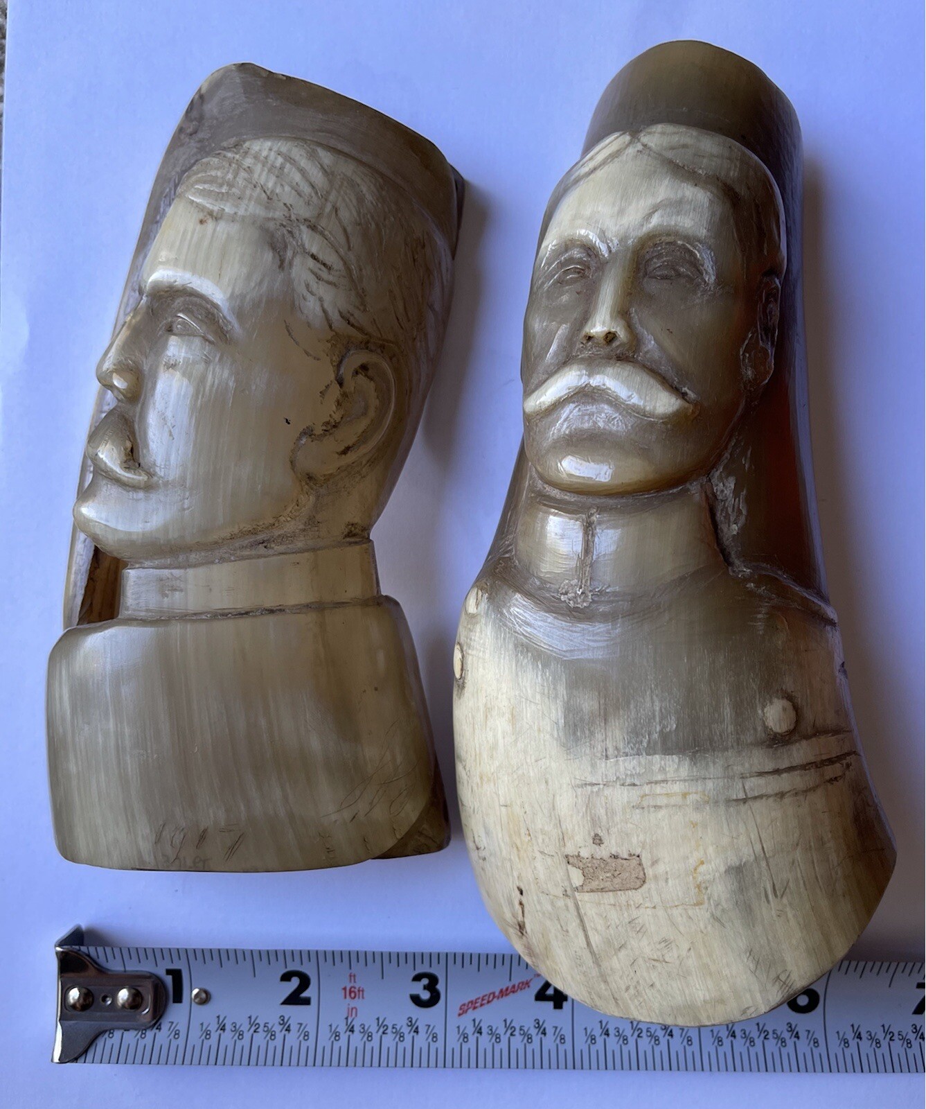 Antique WWI Carved Horn Head Military Soldiers Officers German Folk Trench Art