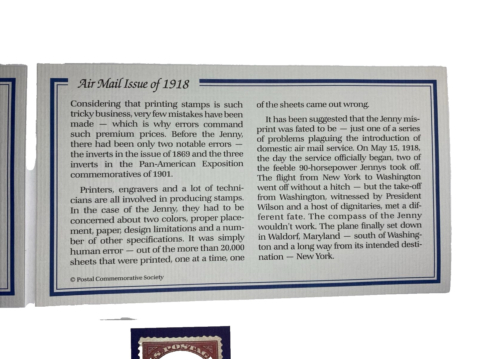 1918 Inverted Jenny 22kt gold 24 cent Stamp Replica Postal Commemorative Society