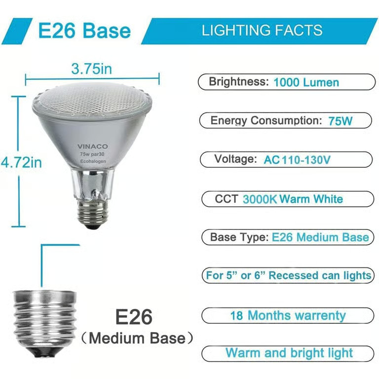 PAR30 Flood Light 75W, 6 Pack High Brightness 650LM PAR30 Halogen Long Neck Dimm