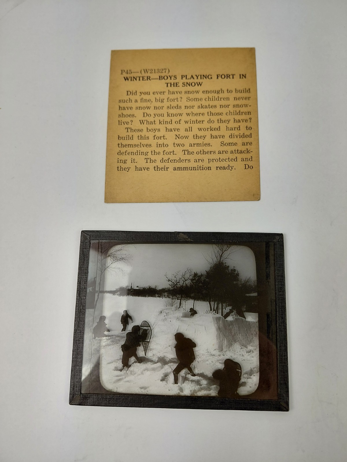 Magic Lantern Glass Slide Photo Keystone P45 Winter Boys Playing Fort In Snow