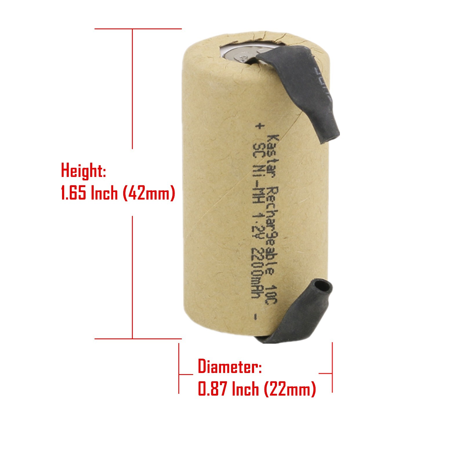 Kastar Ni-MH 1.2V 2200 mAh Battery With Tabs for NiCD Paper Wrapped Sub-C Cell