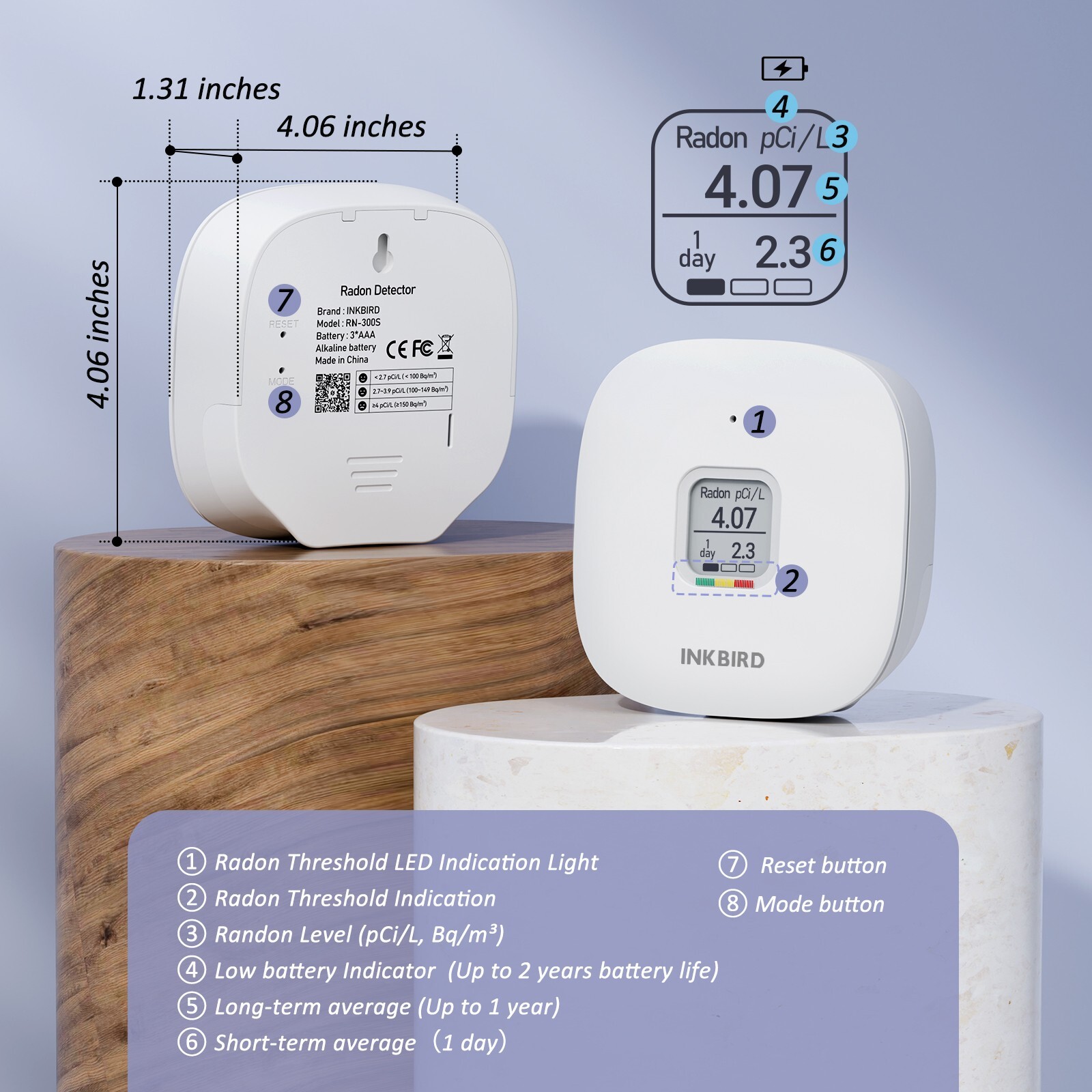 Smart Home Radon Detector Gas Meter Long/Short-term Monitoring Radon Level Test