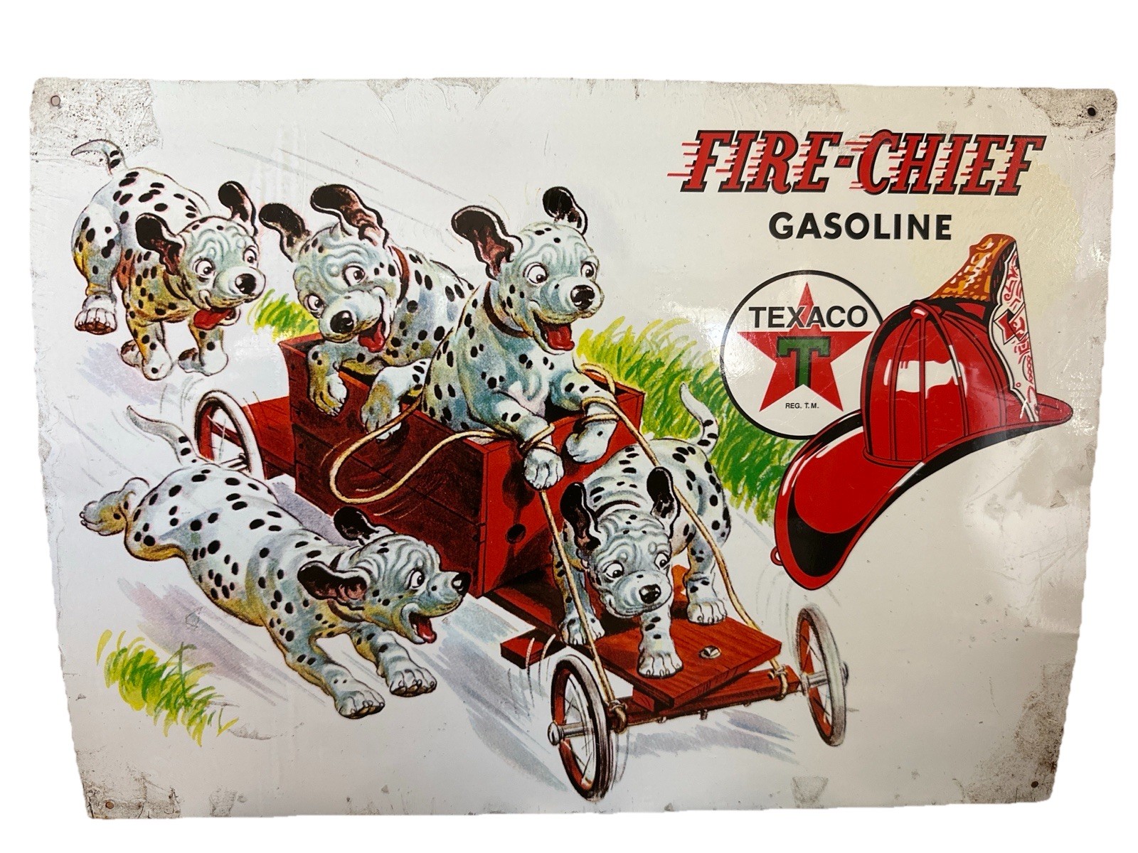 Texaco Fire Chief Gasoline Metal Sign Dalmatian Puppies Wagon Dog Man Cave Decor