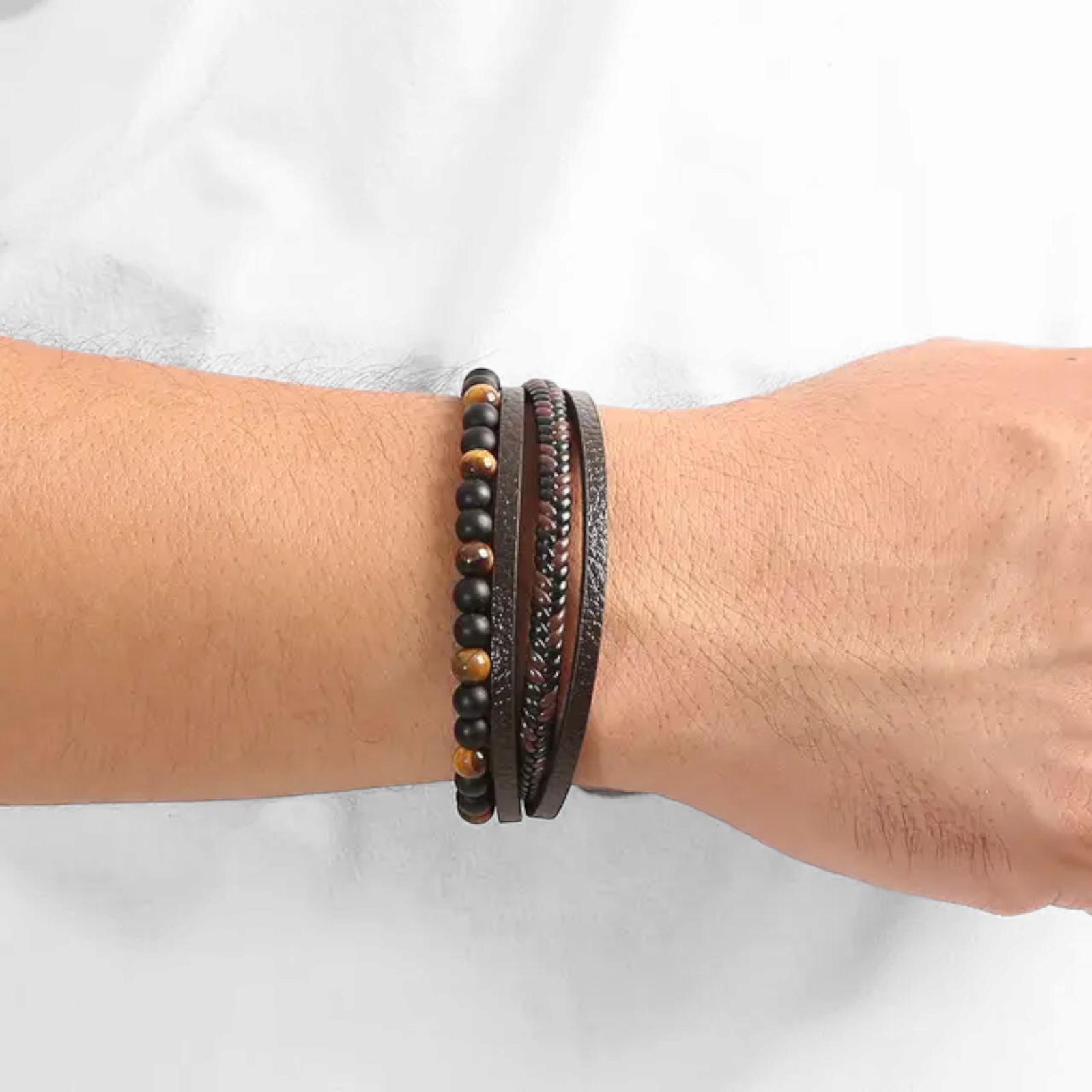 Men's Layered Braided Leather Beaded Bracelet With Tiger Eye, Natural Stone