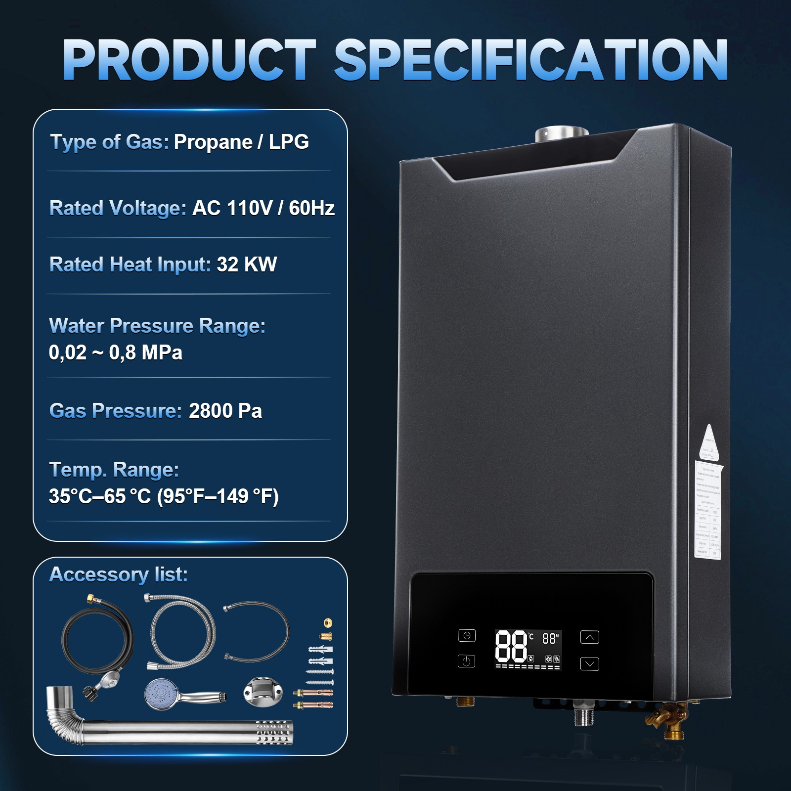 130,000 BTU Propane Gas Tankless Water Heater 4.3 GPM Instant Hot Water Heater