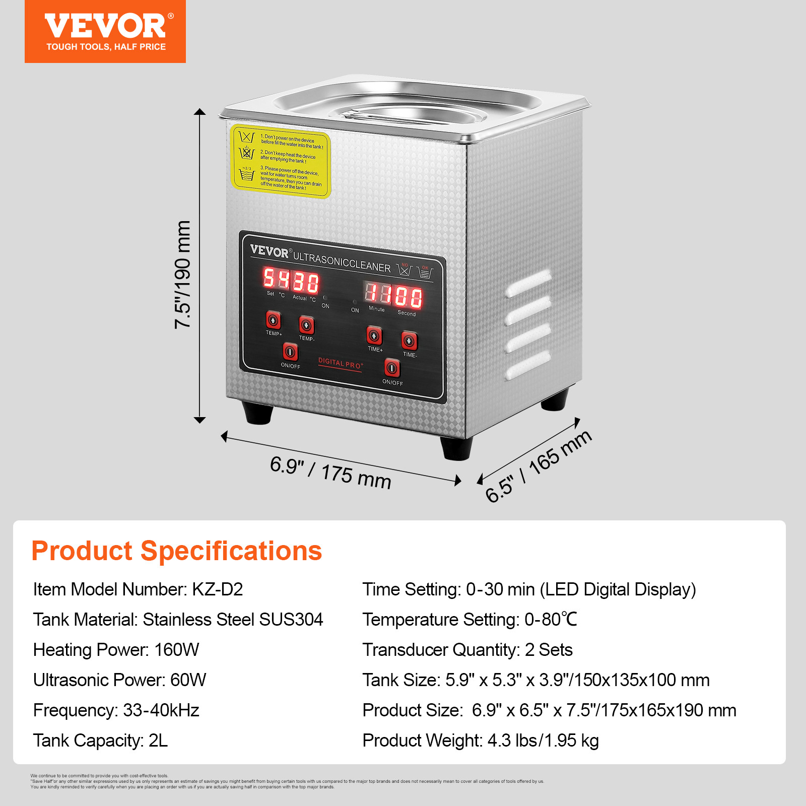 VEVOR 2L Ultrasonic Cleaner with Timer Heating Machine Digital Sonic Cleaner