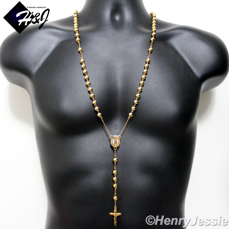 30+5"MEN's Stainless Steel HEAVY 8mm Gold Plated Beads Cross Rosary Necklace