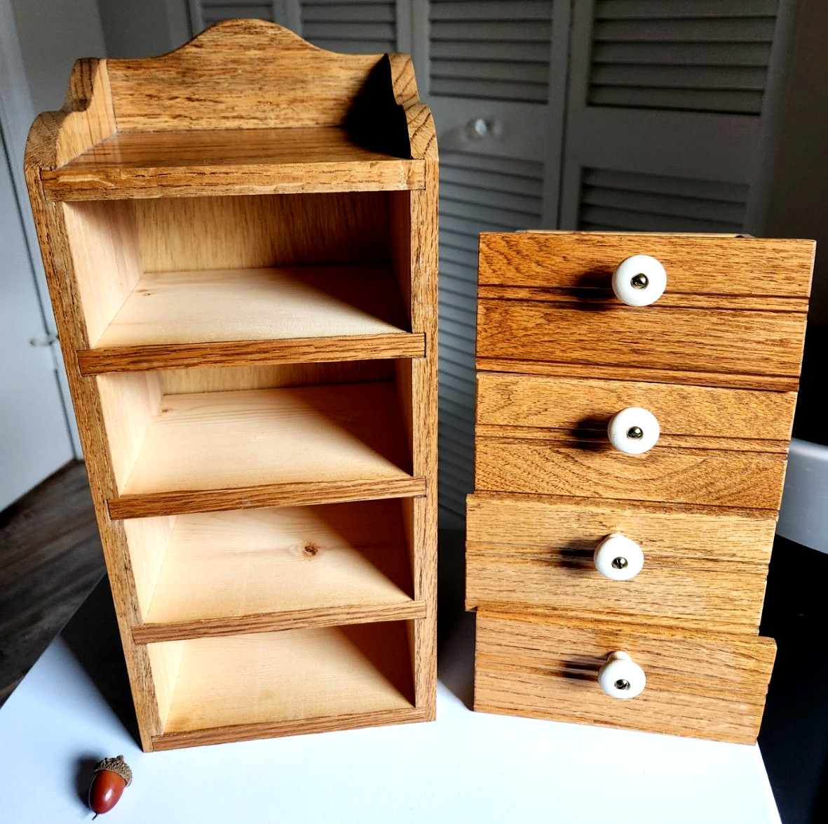 Vintage OAK Wood Hang or Stand Spice Box Cabinet 4 Drawer Porcelain/Brass Pulls
