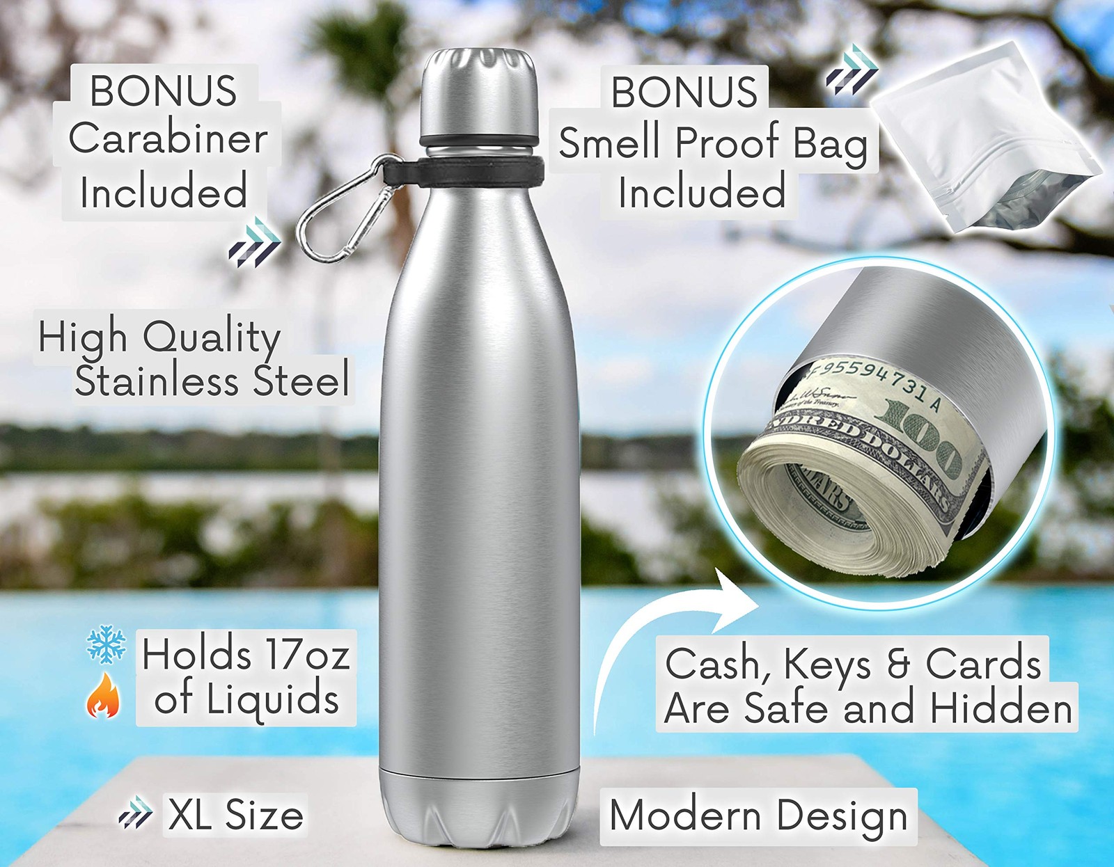 Diversion Safe Water Bottle Can Hidden Bottom for Valuables 17ounce Liquid