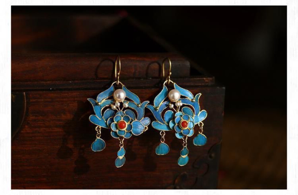 Chinese Antique Earrings Cloisonne Earrings Long Tassels Gilt Pearls Jewels