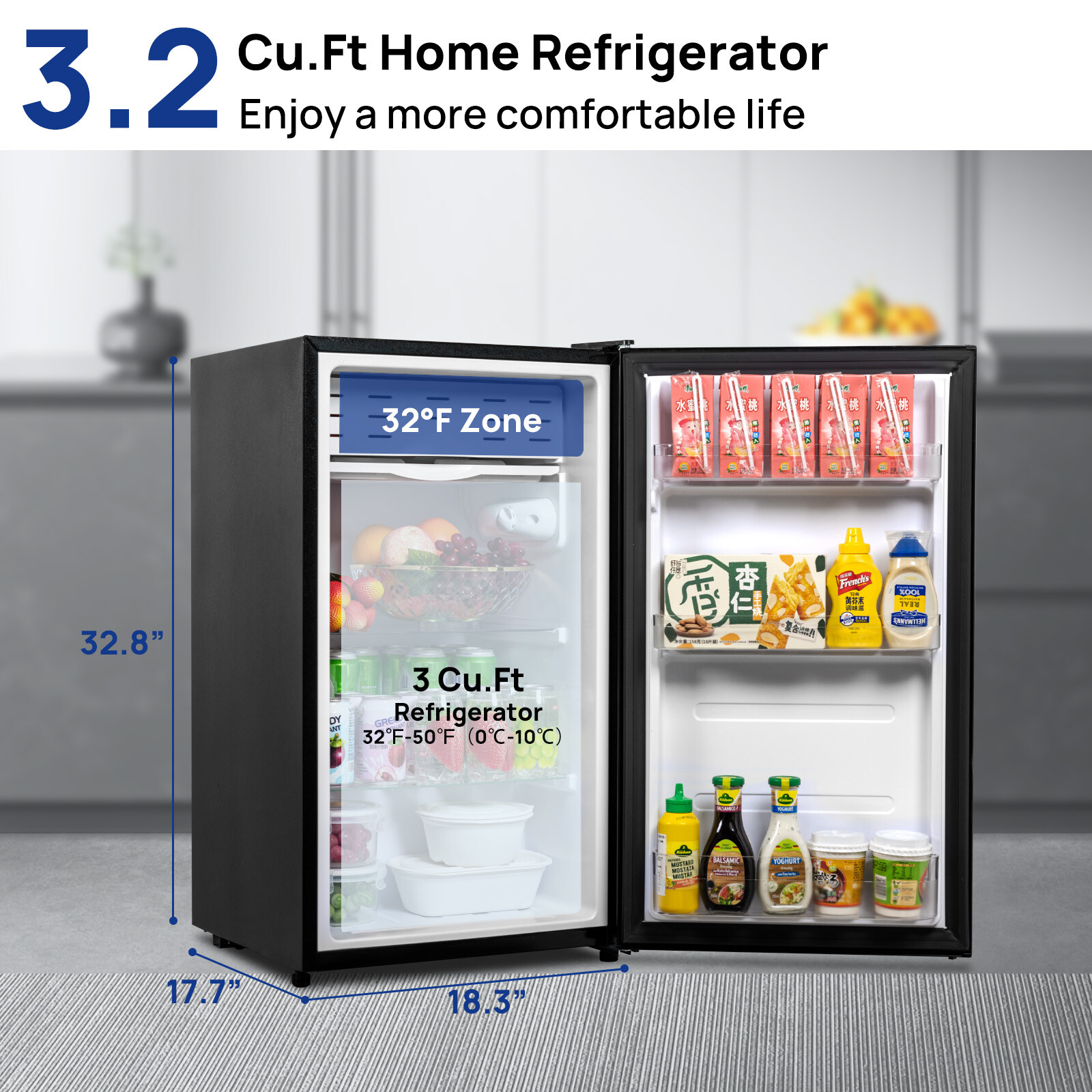 3.2 cu ft Home Refrigerator 32~50℉ Compact Fridge Energy Saving 115V Low Noise