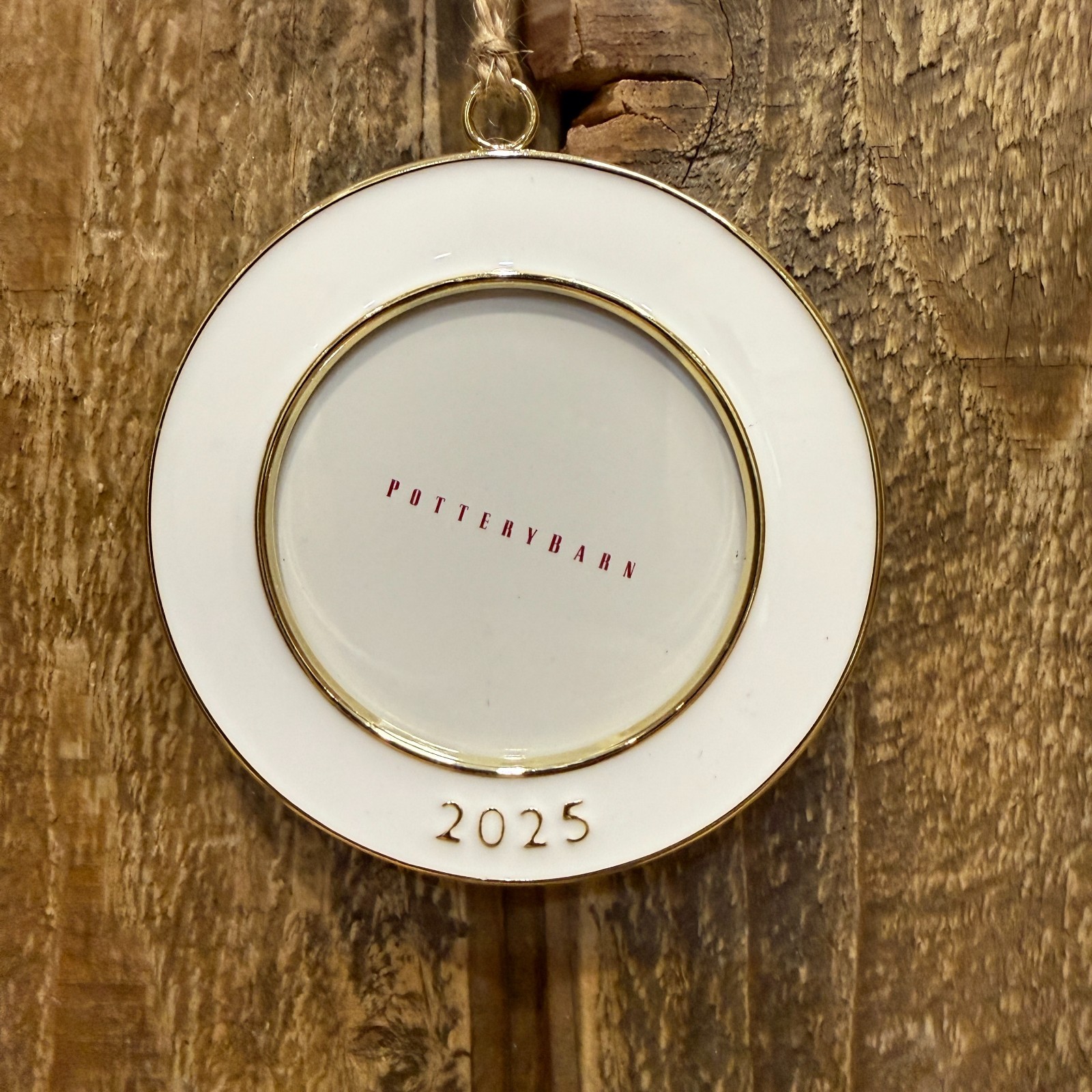POTTERY BARN 2025 DATED ENAMEL FRAME ORNAMENT ROUND 3.5" DIAM ~ IVORY CHRISTMAS