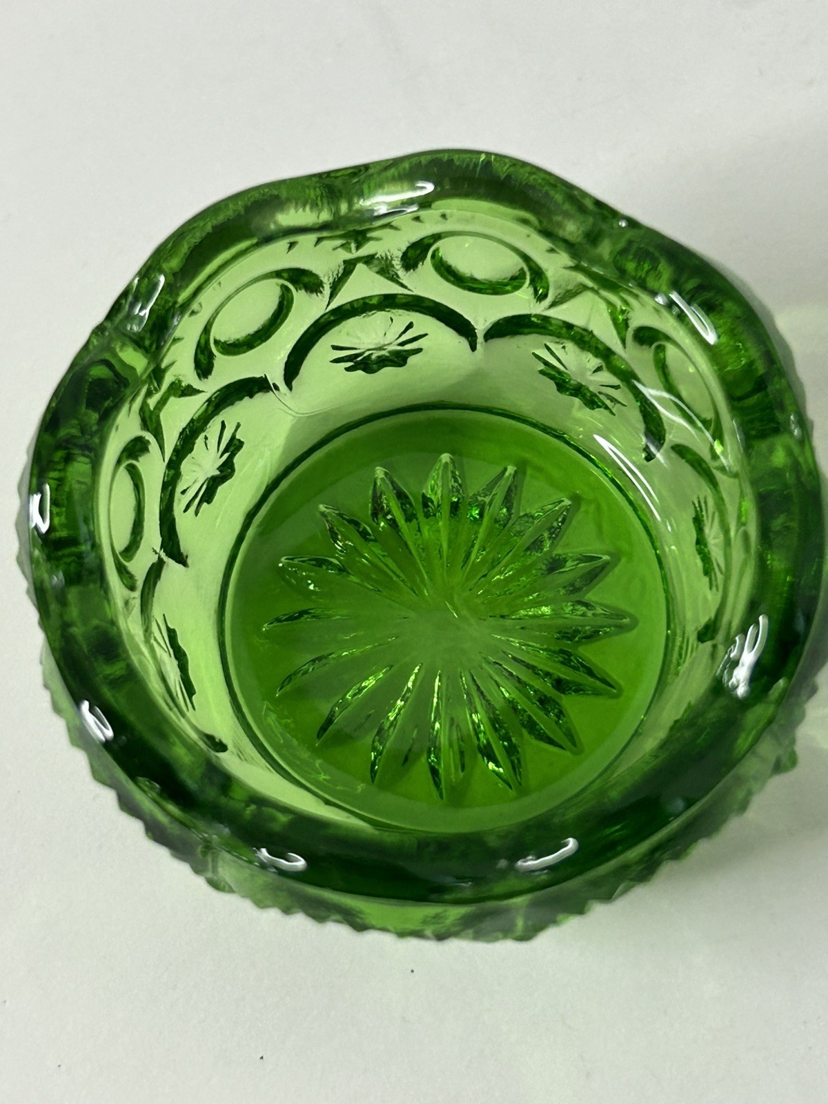 Vtg L.G.Wright Emerald Green Glass Moon-and-Stars Open Salt Dip, Cellar, 1960's