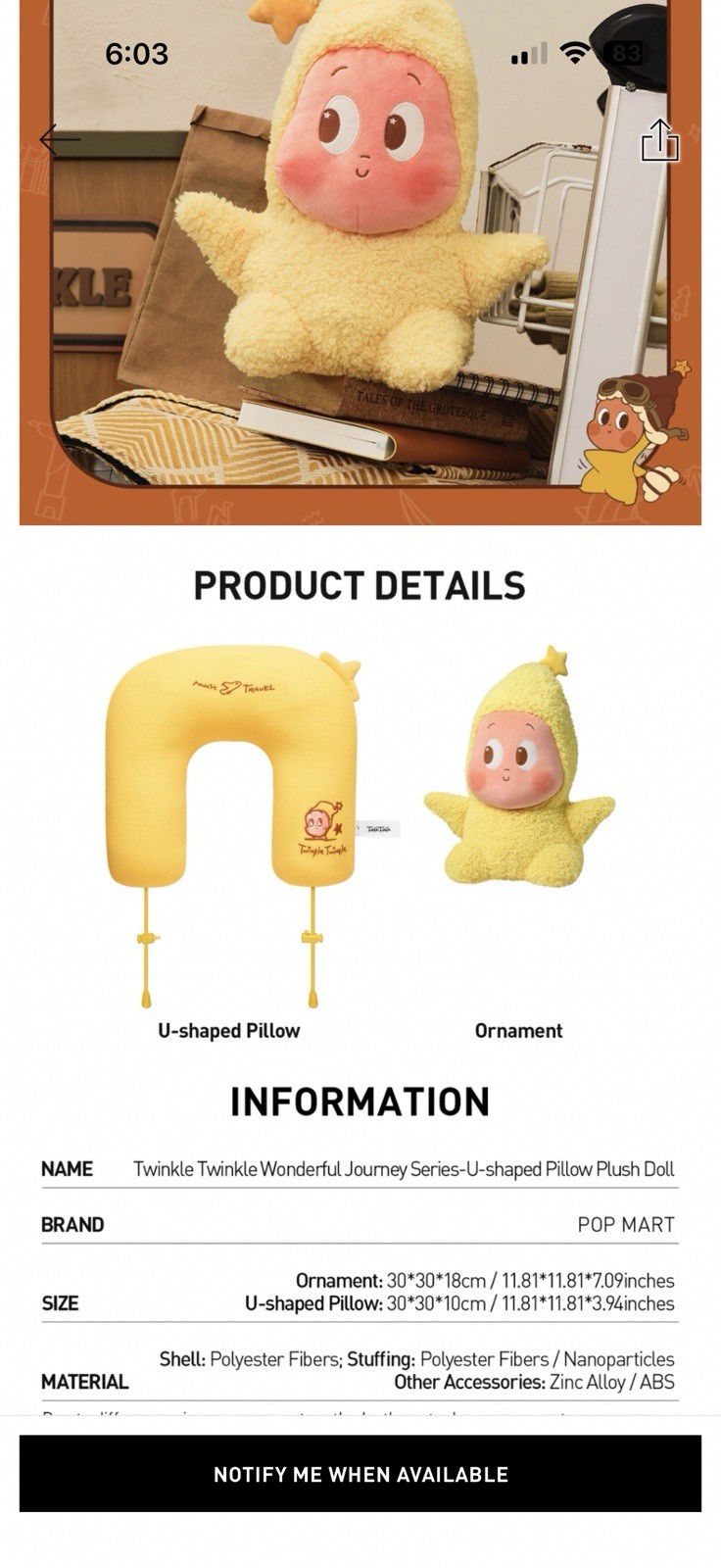 Authentic TWINKLE TWINKLE Wonderful Journey- U-shaped Pillow Plush Doll-UNOPENED