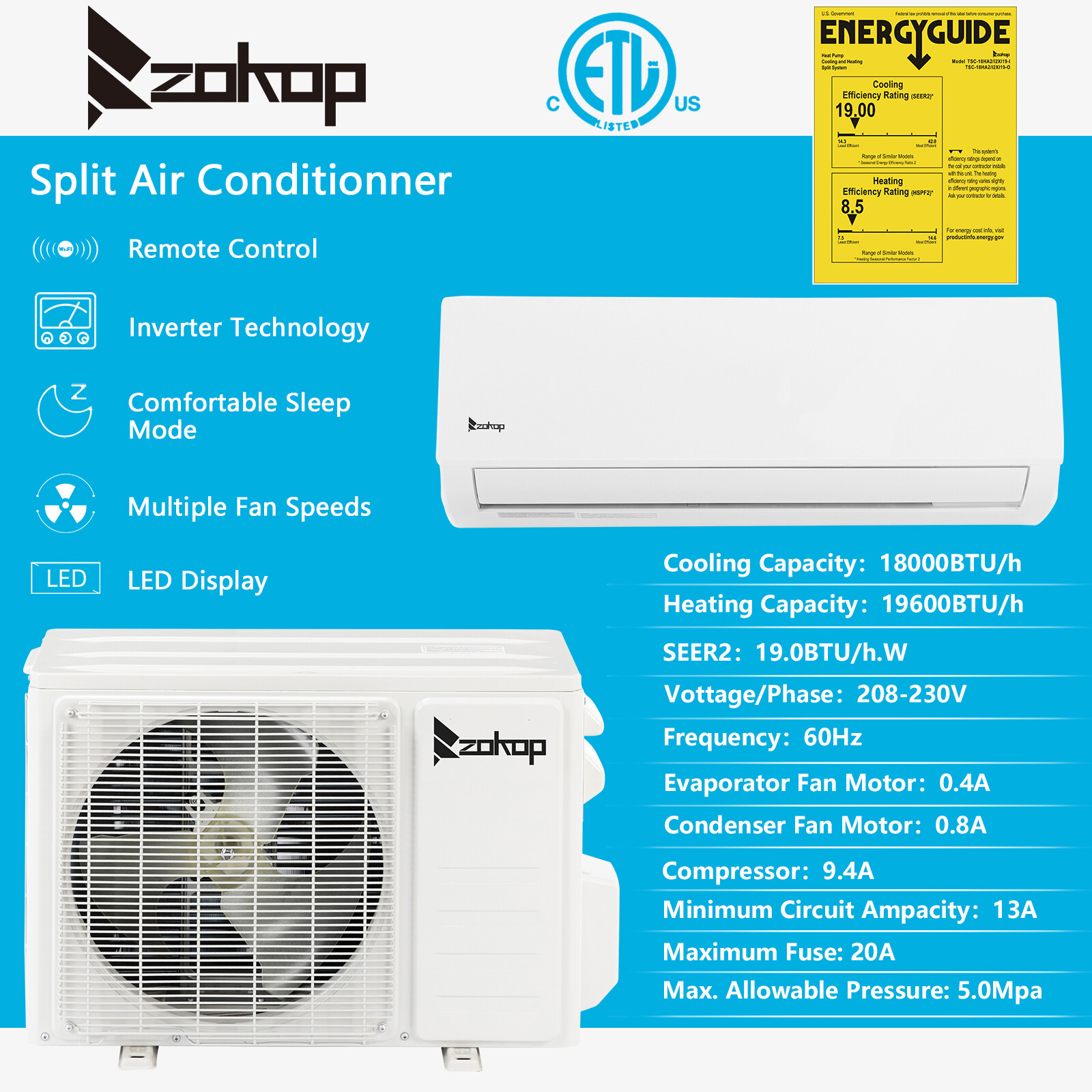 18000 BTU Mini Split Air Conditioner 230V Heat Pump 19 SEER INVERTER AC Ductless