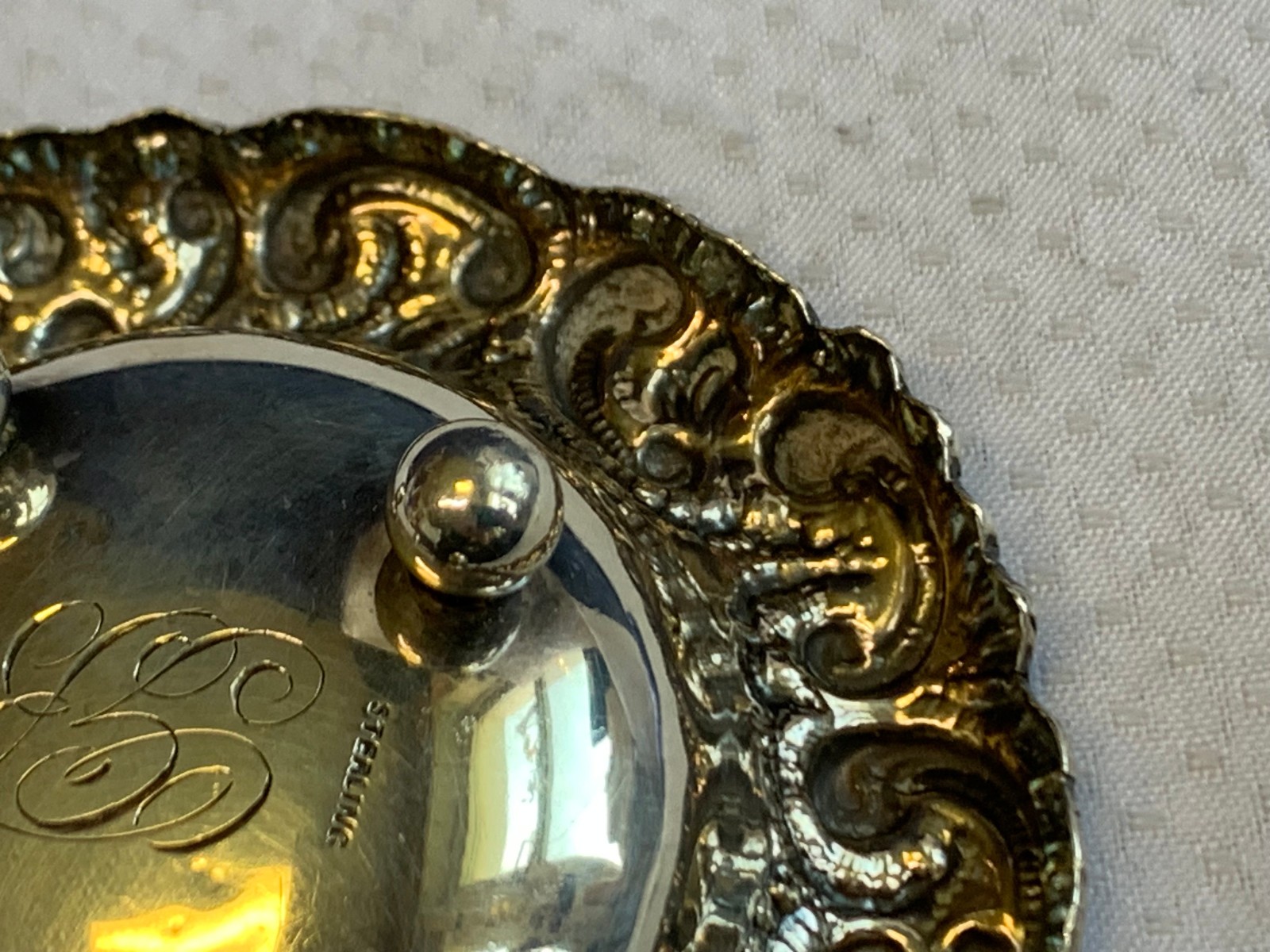 Antique Sterling Silver Condiment Dish Master Salt Cellar 37.84g Floral Repousse