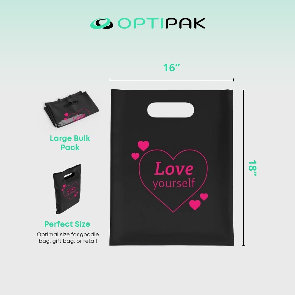 OPTIPAK 16x18 Plastic Bags – 50 Pack with Die-Cut Handles for Retail & Party