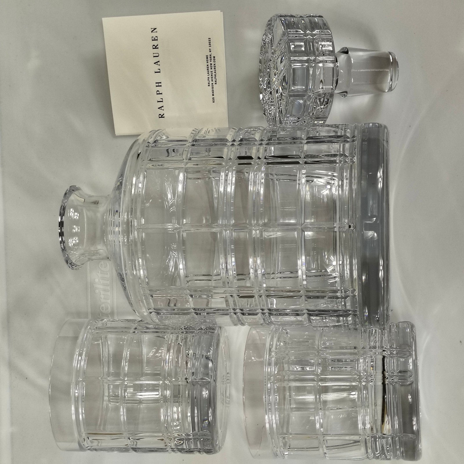 Ralph Lauren Hudson Plaid Crystal Decanter and 2 Glasses Gift Set