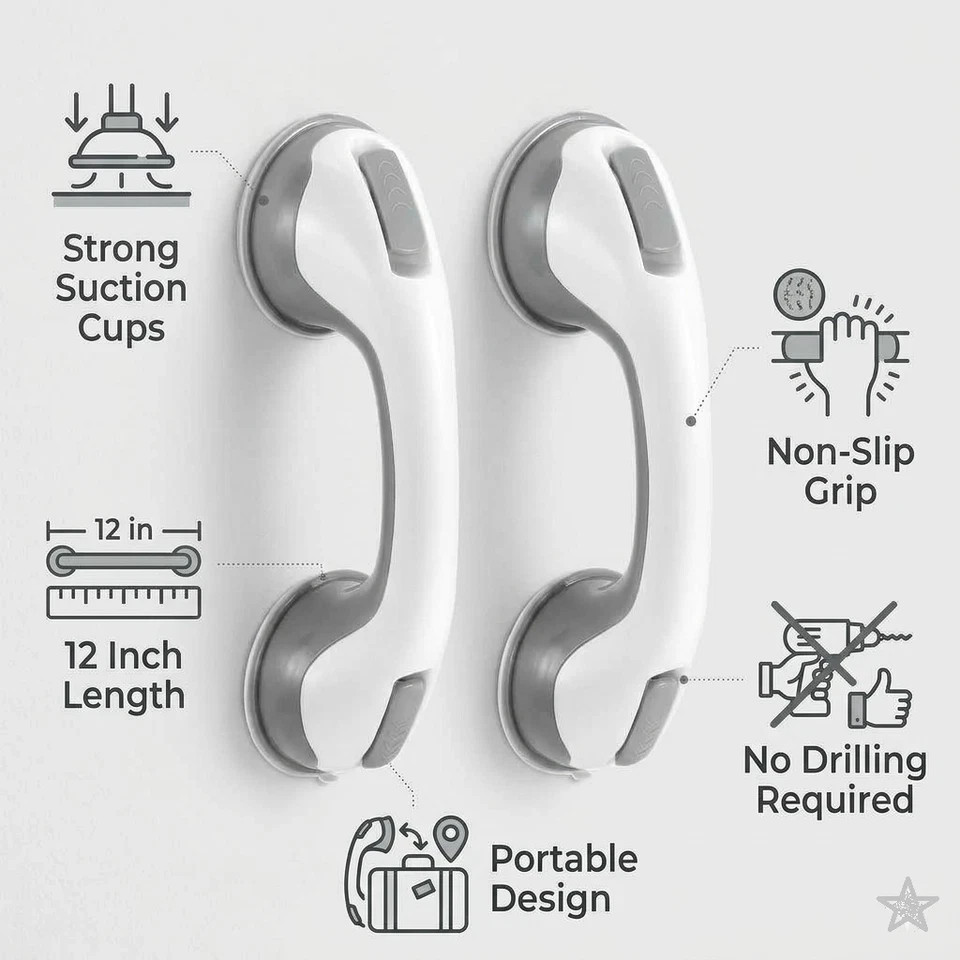 Shower Handle 2 Pack 12" Grab Bars Suction Grip Handicap Elderly Bathroom Safety