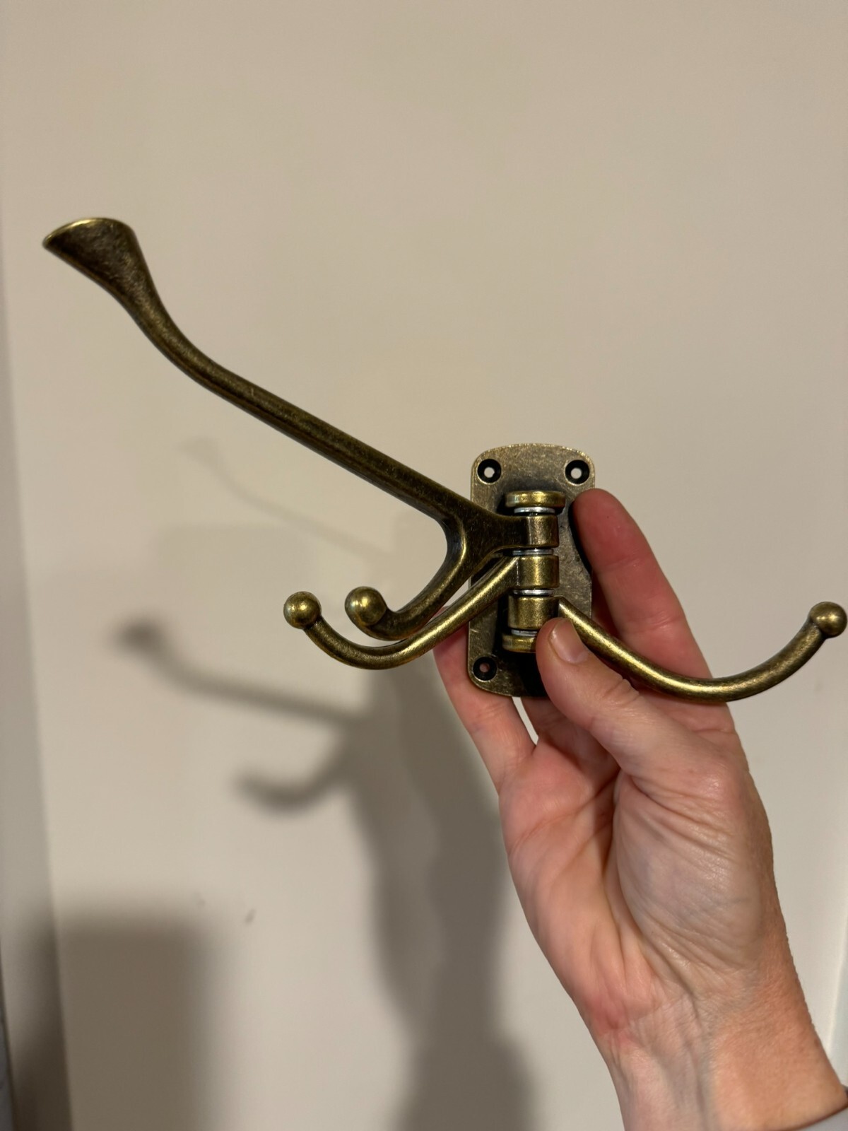 Vintage Metal Gold-Brass Triple Swivel Swing Hook Wall Mounted Holds 35 Pounds!