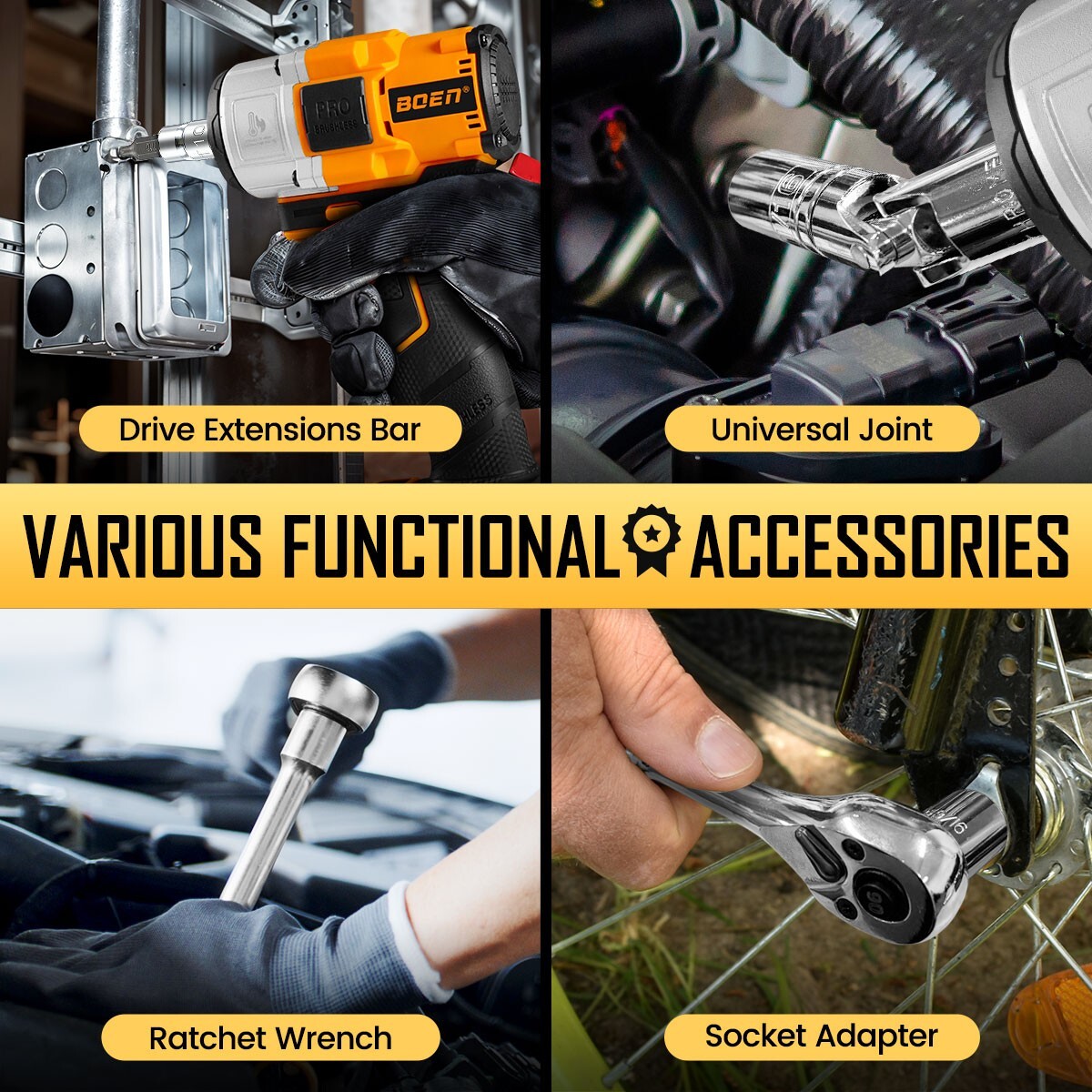 BOEN 225PCS Mechanic Tool Set, 1/4" & 3/8" & 1/2" Drive Socket Wrench Set