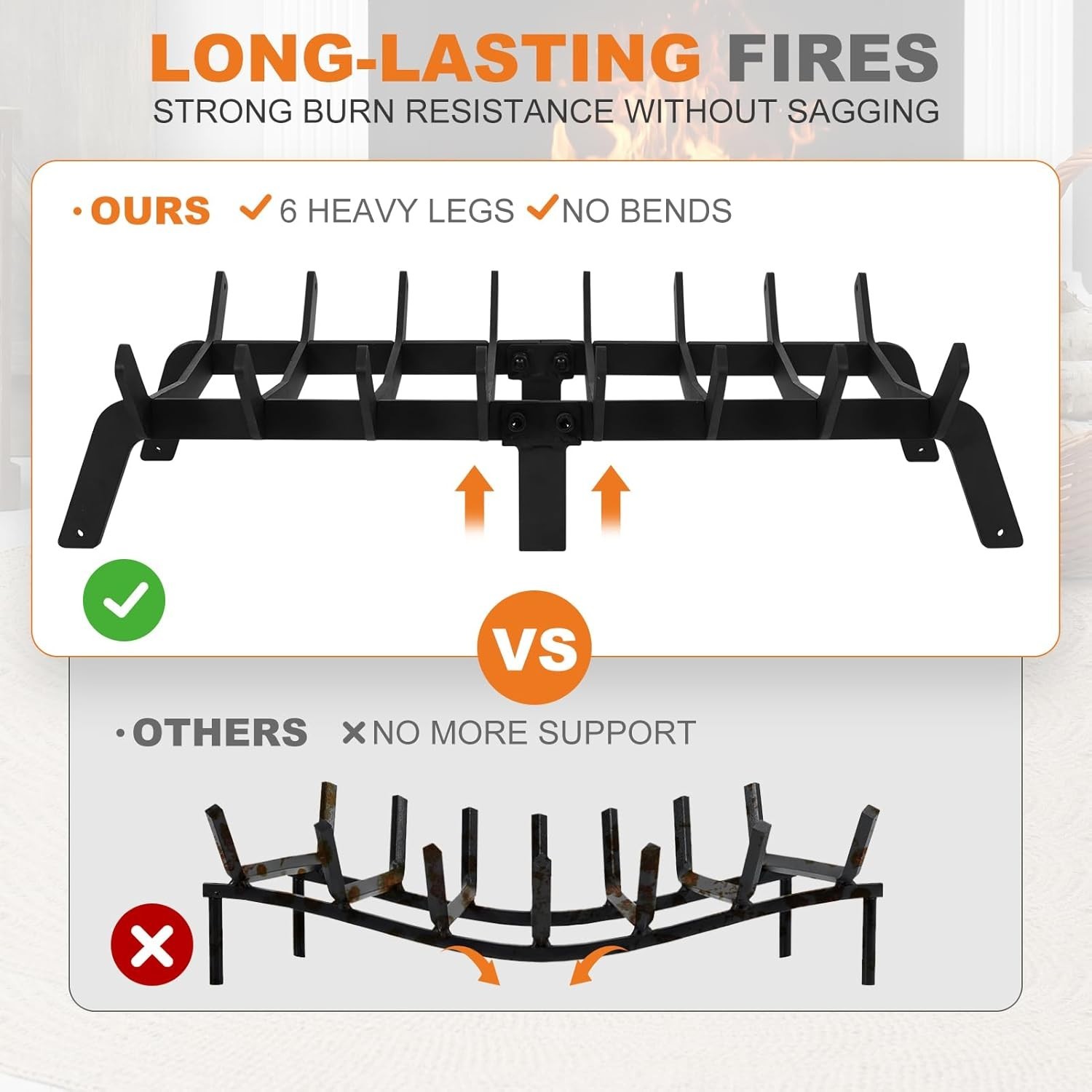 Fireplace Grates 24 Inch - Heavy Duty Steel Fireplace Rack