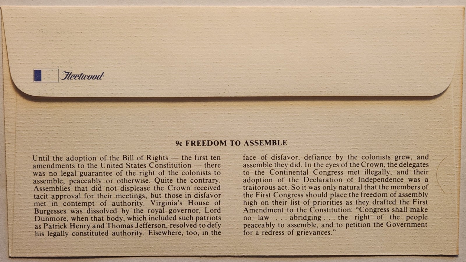 FREEDOM TO ASSEMBLE 1975 BILL OF RIGHTS FLEETWOOD CACHET FDC