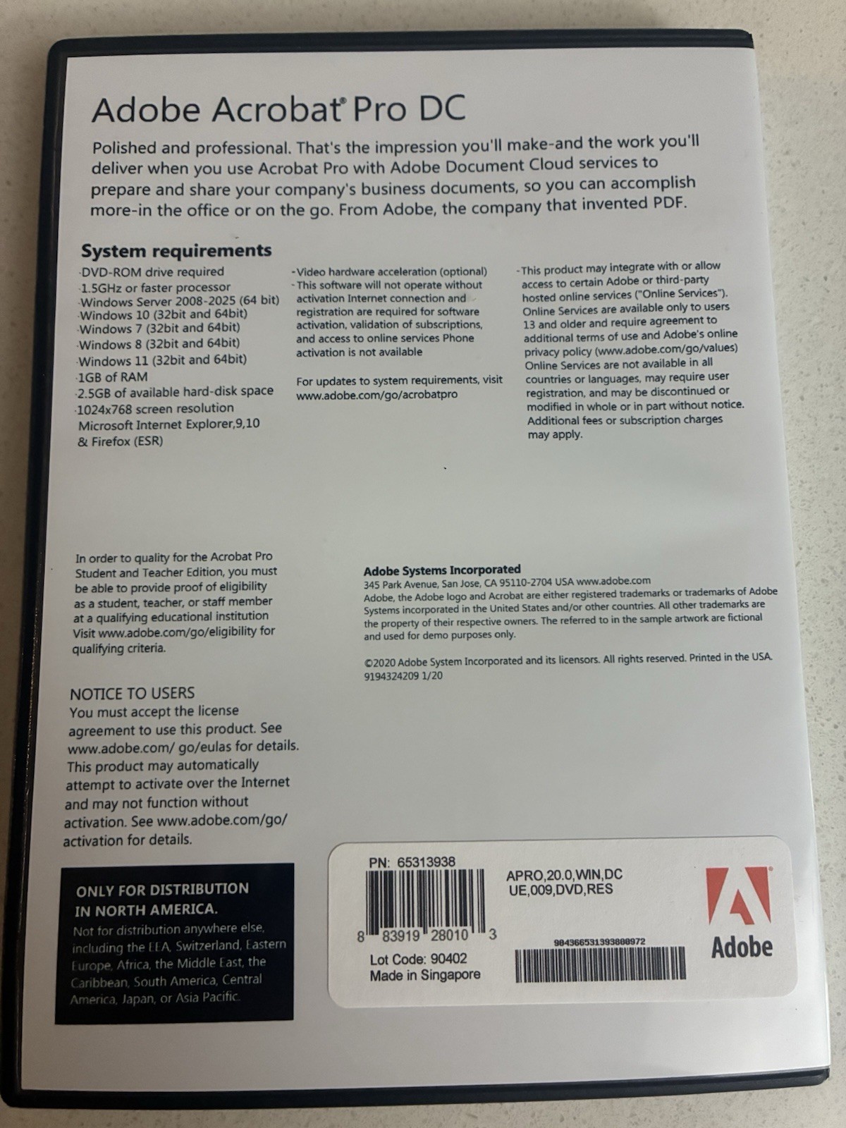 Adobe Acrobat Pro DC 2020 Windows DVD + USB Full Version perpetual license