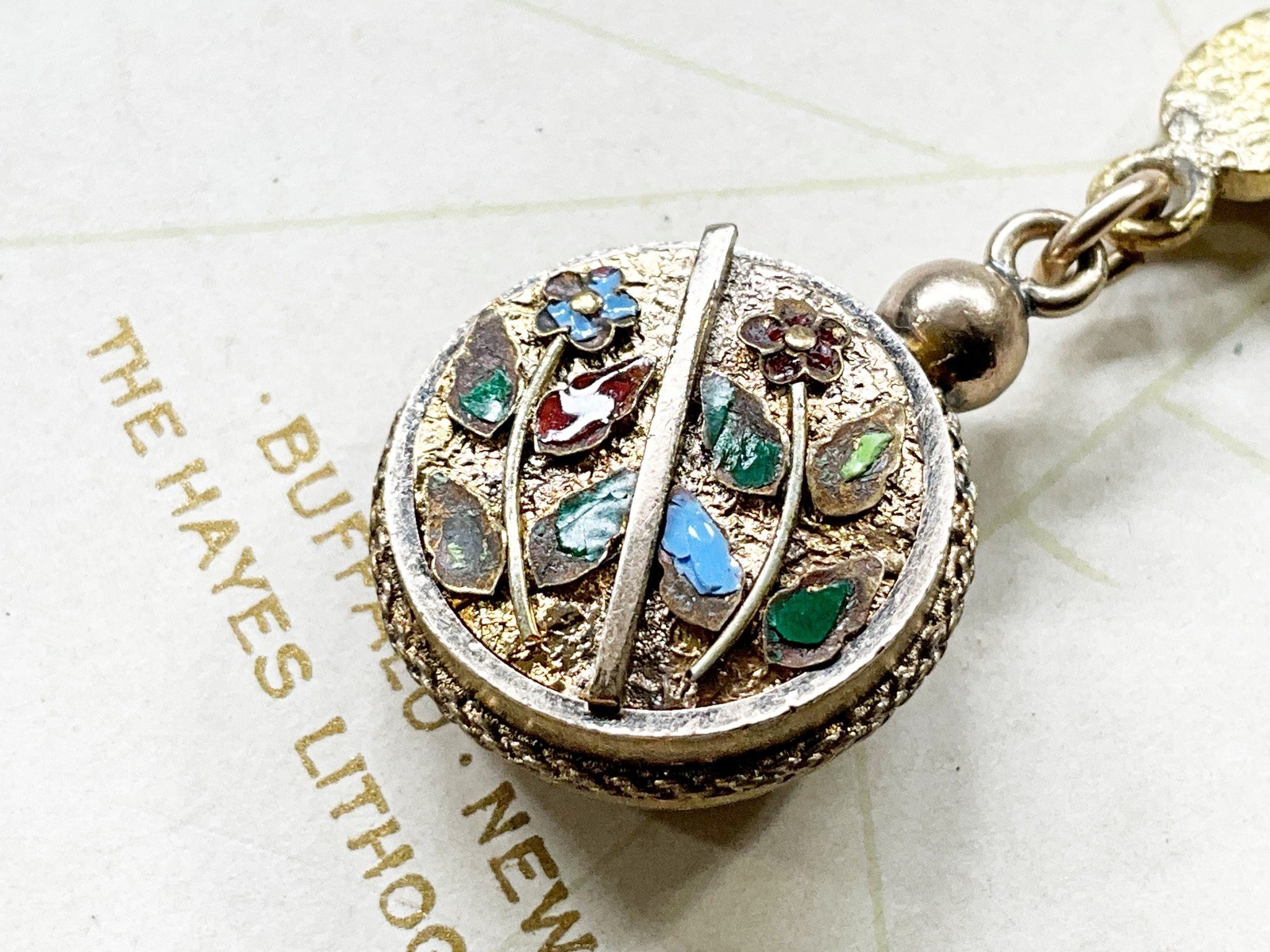 Antique Gold Filled Pocket Watch Chain Fob with Enamel Flowers & Etruscan Work