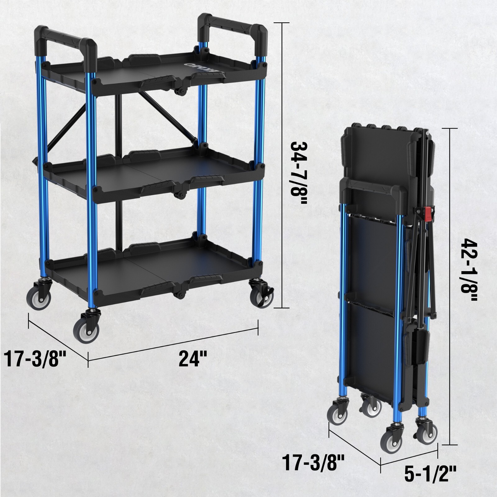 3-Tier Collapsible Service Cart 210 LBS Foldable w/Wheels (No Assembly Required)