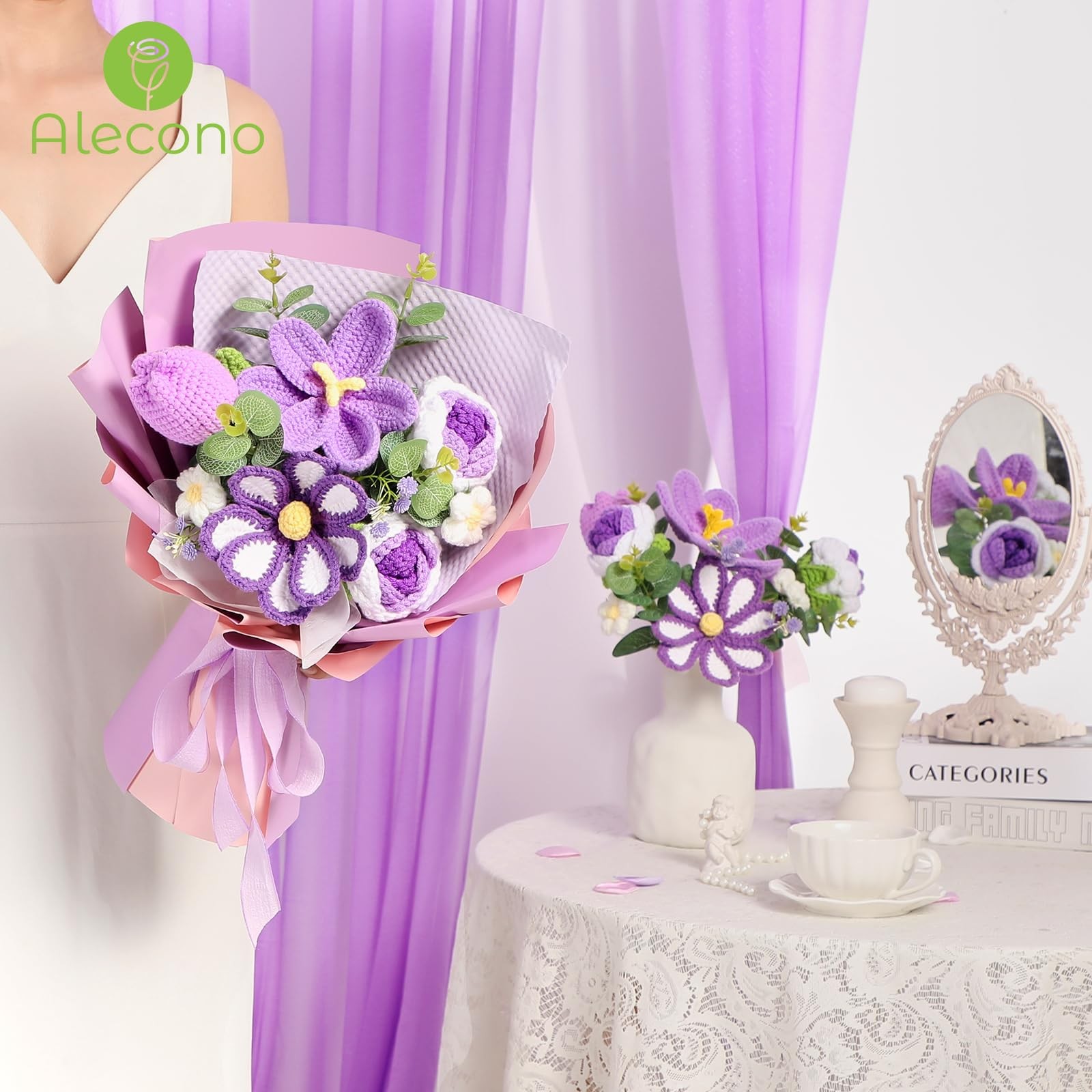 Alecono Crochet Flower Bouquet, Purple Knitted Flowers, Large,