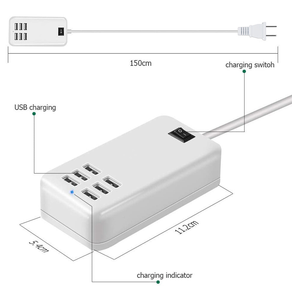 6 Port USB Hub Fast Wall Charger Station Multi-Function Desktop AC Power Adapter